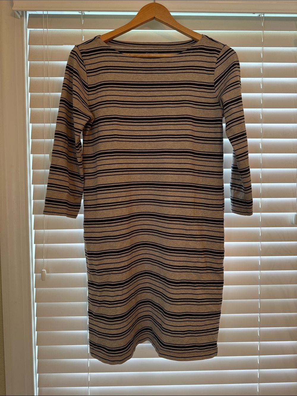 Garnet Hill Beige and Navy Striped Boatneck Midi Dress